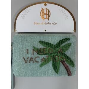 House of Harlow 1960 Green Multi Beaded "I Need A Vacation" Palm Wristlet Zip